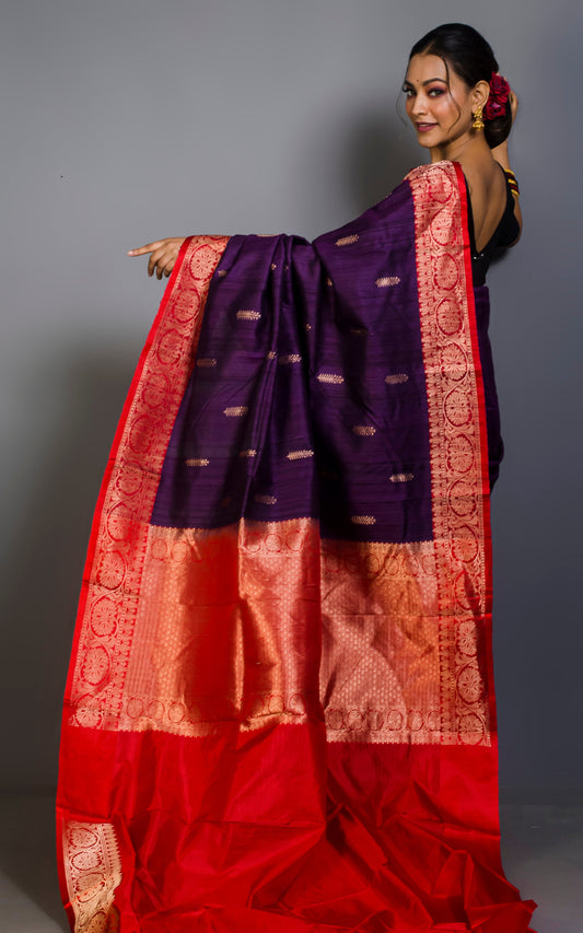 Premium Tussar Banarasi Saree in Eggplant Purple and Bright Red