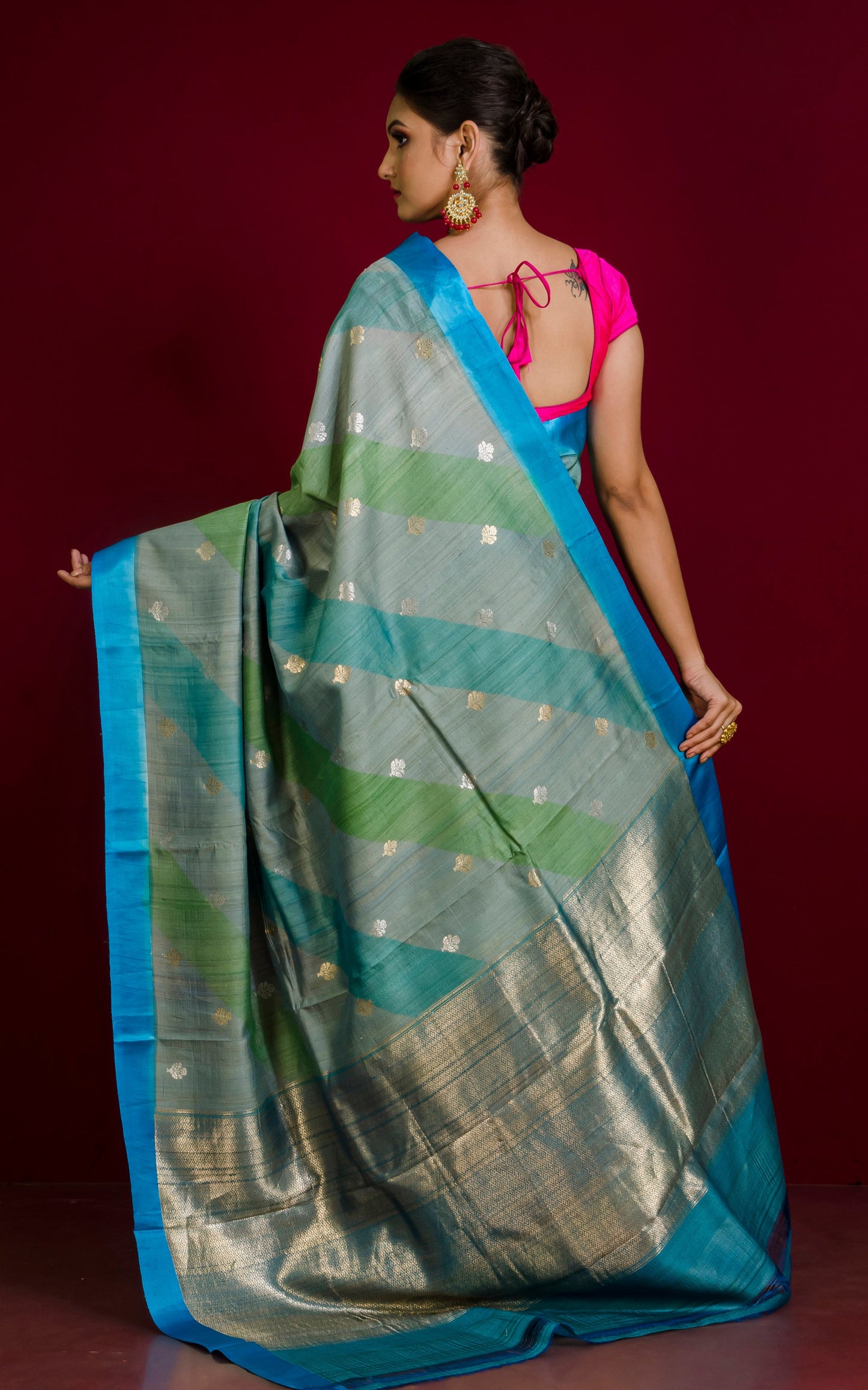 Premium Quality Rangkart Tussar Banarasi Saree in Smoke Grey, Icy Blue, Pear Green and Sky Blue