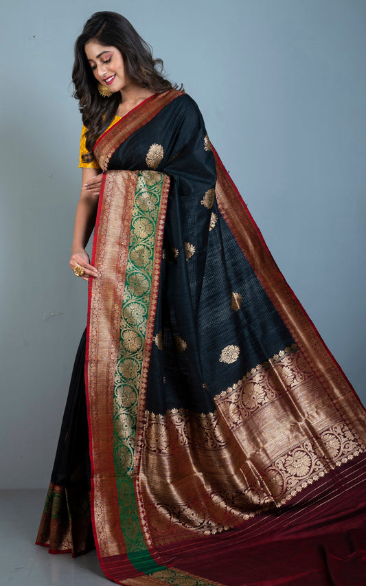 Minakari Border Dupion Tussar Banarasi Saree in Black, Dark Ferric Red and Malachite Green