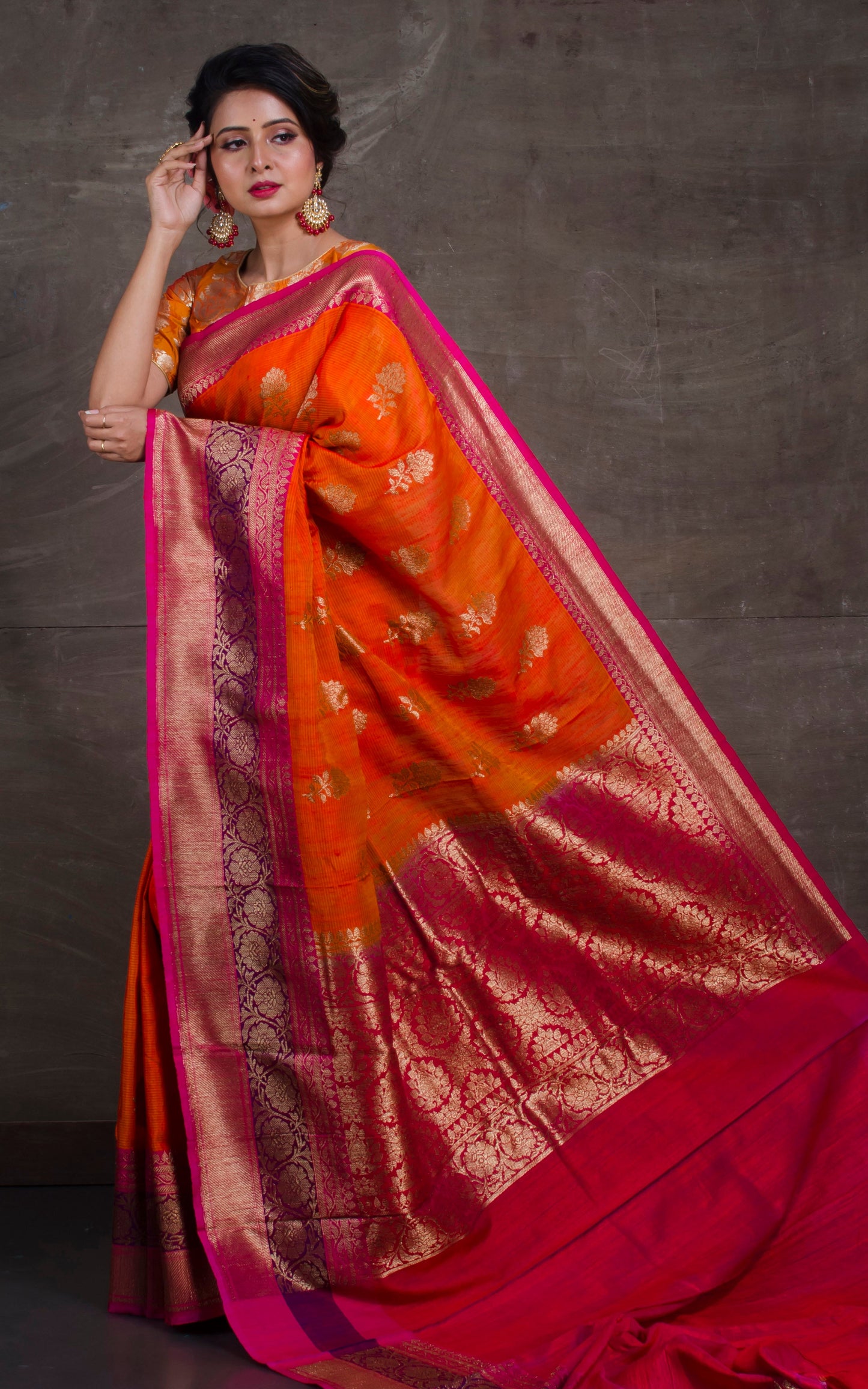 Meenakari Border Dupion Tussar Banarasi Saree in Orange and Hot Pink