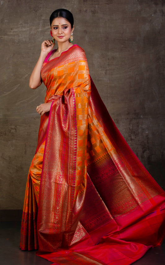 Tussar Banarasi Saree in Apricot Orange, Hot Pink and Red