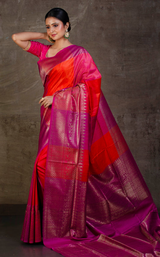 Designer Tussar Banarasi Fire Orange and Magenta
