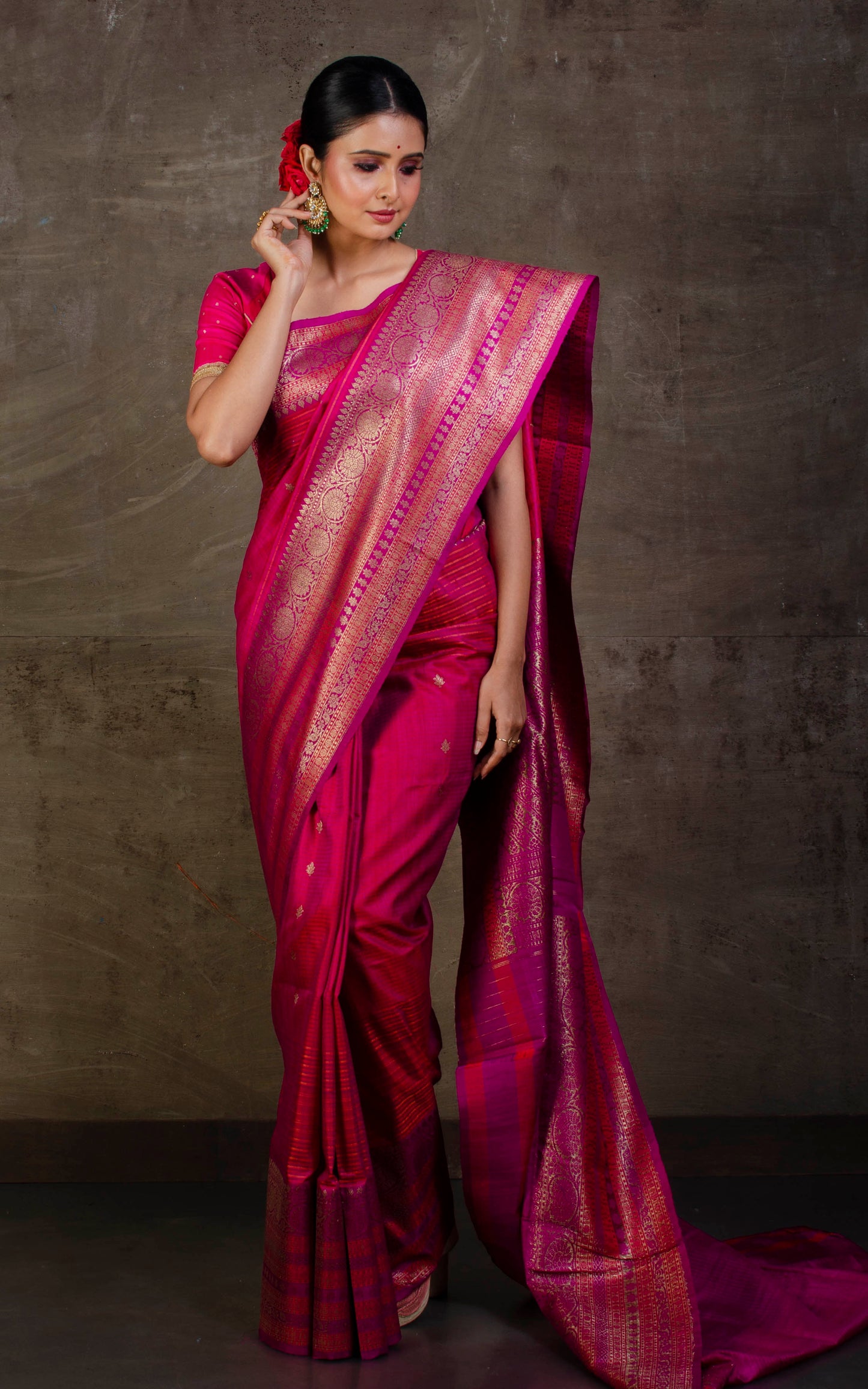Woven Koniya Nakshi Motif Work Tussar Banarasi Saree in Hot Pink, Rust Orange and Antique Gold Zari