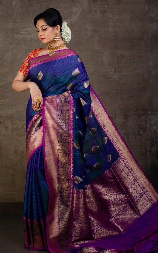 Meenakari Border Dupion Tussar Banarasi Saree in Indigo Blue, Purple and Navy Blue