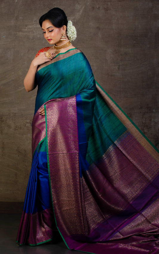 Designer Tussar Banarasi Peacock Blue, Green and Purple