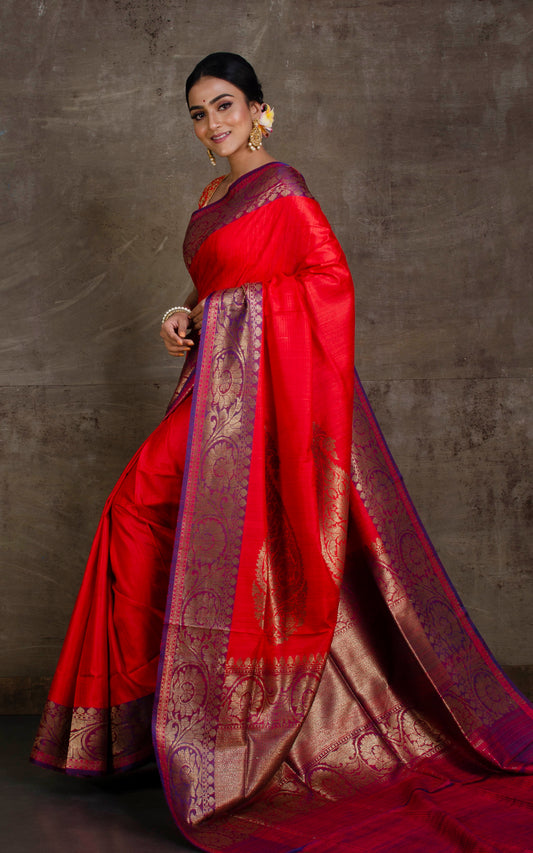 Designer Tussar Banarasi in Bright Red, Purplish Blue and Antique Gold