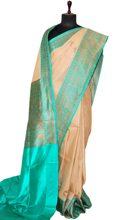 Premium Tussar Banarasi Silk Saree in Beige and Bright Turquoise