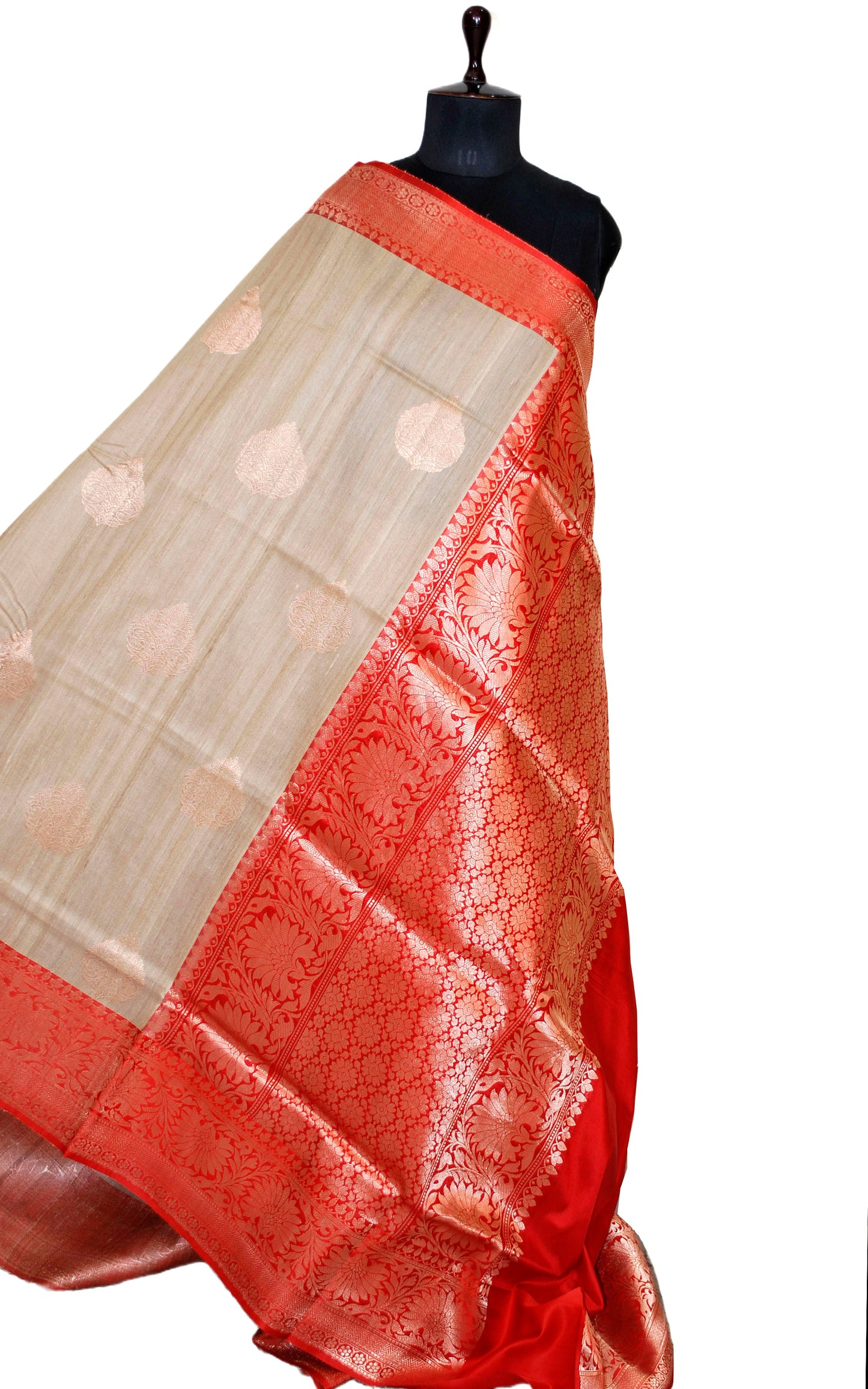 Premium Tussar Banarasi Silk Saree in Natural Tussar and Royal Red