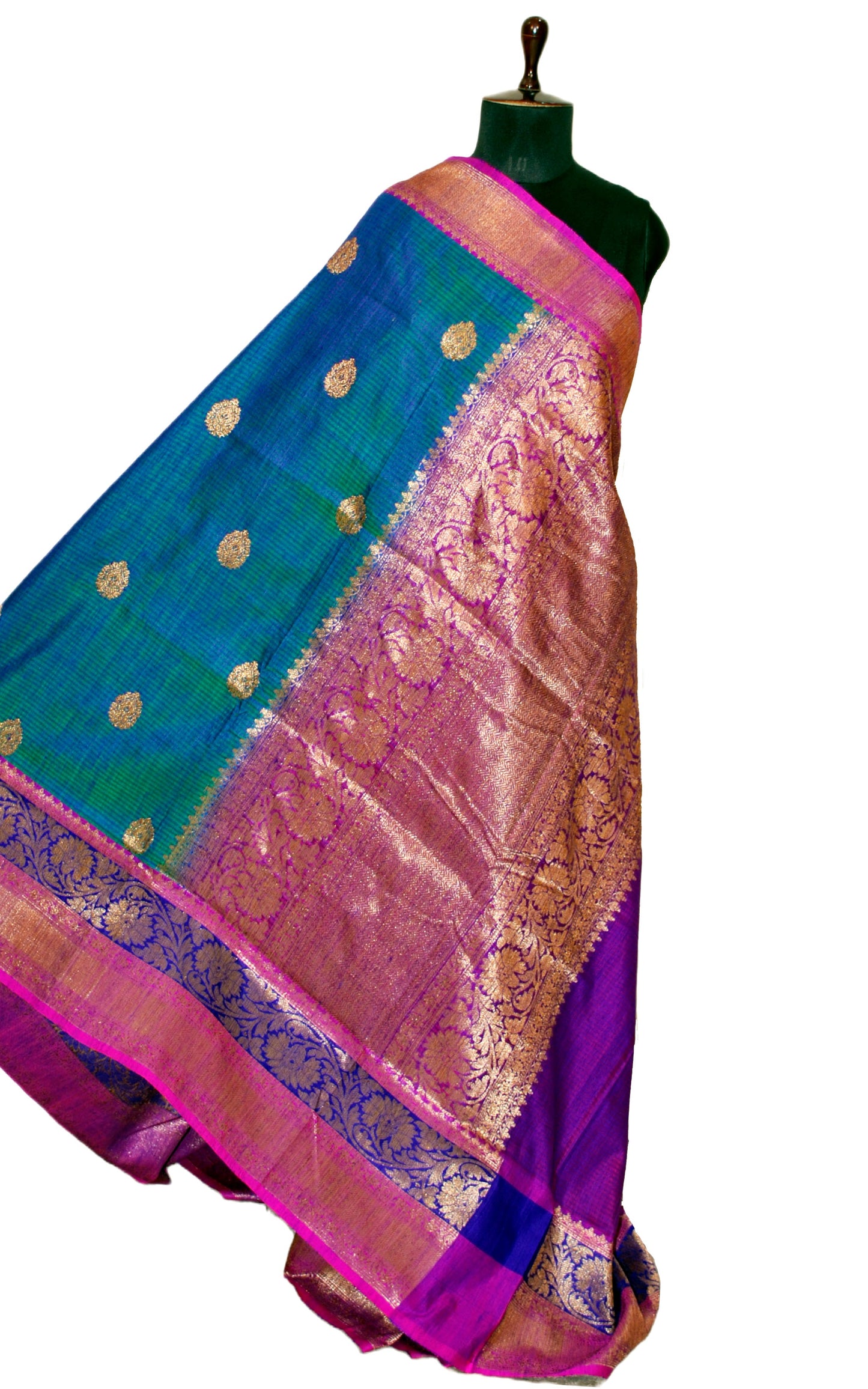Meenakari Border Dupion Tussar Banarasi Saree in Peacock Blue, Green and Purple