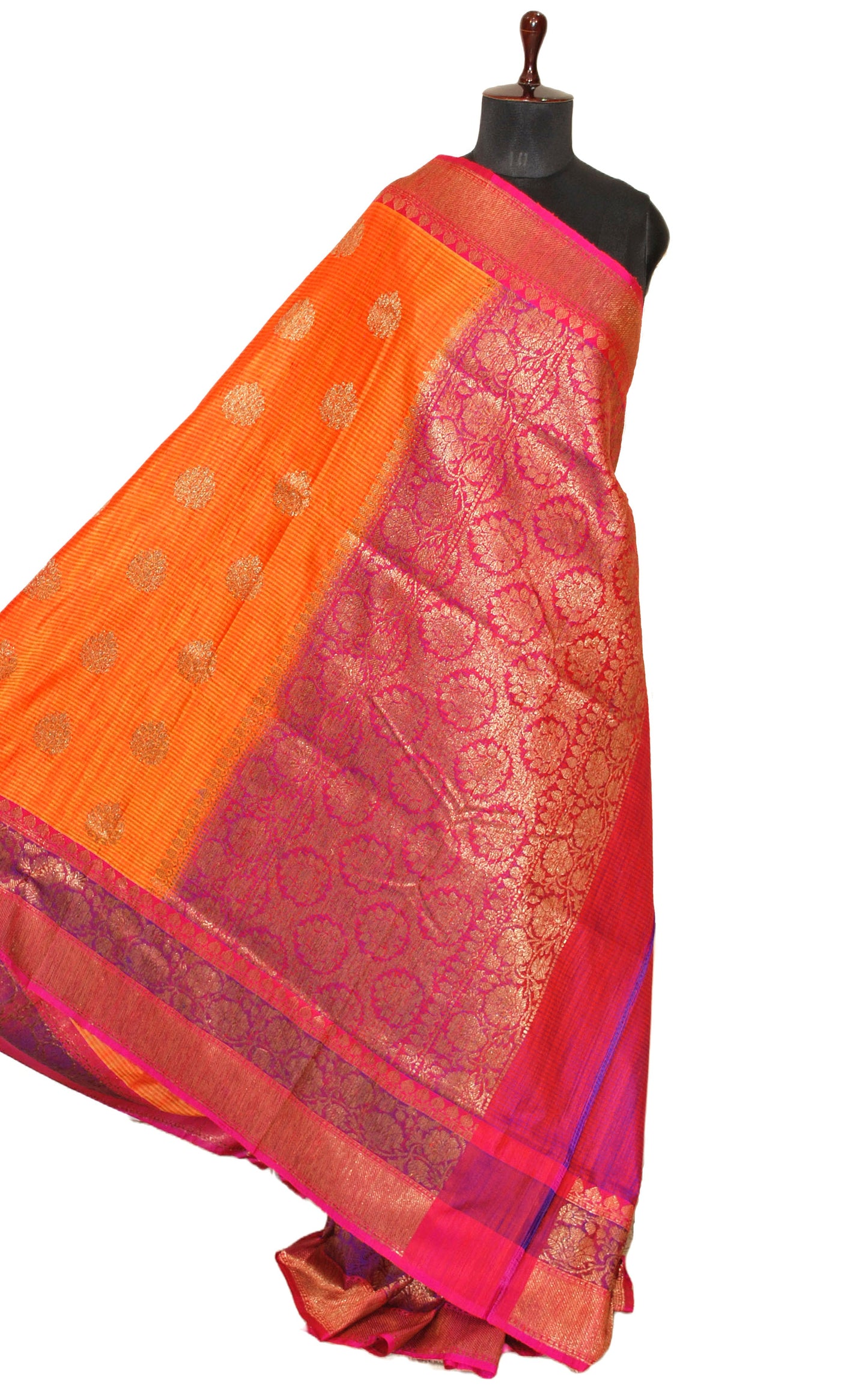 Meenakari Border Dupion Tussar Banarasi Saree in Orange, Hot Pink and Purple