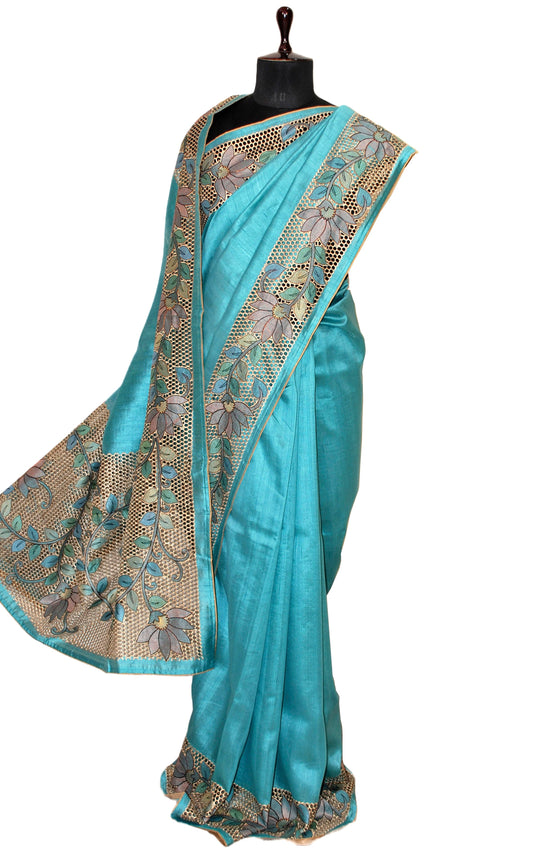 Embroidery and Cut Work on Semi Tussar Silk Saree in Teal Green and Multicolored