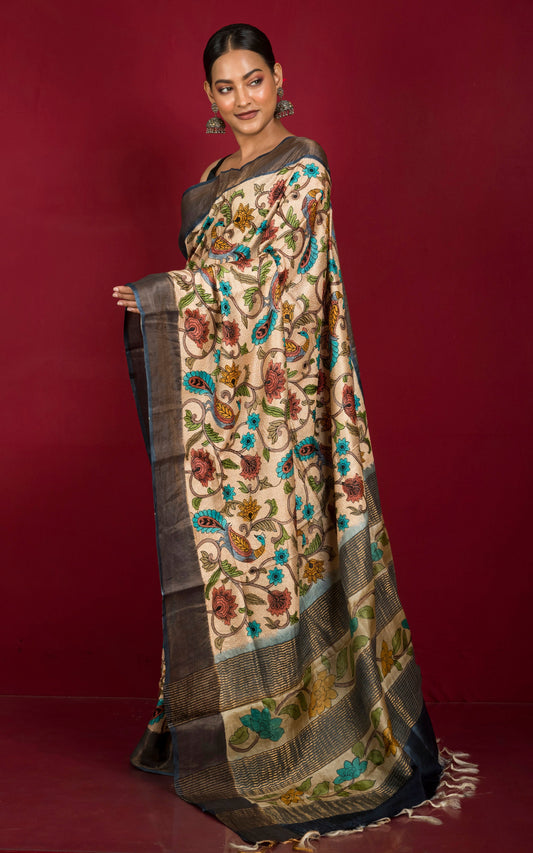 Embroidery Nakshi Kantha Work Tussar Silk Saree in Steel Grey, Beige and Multicolored