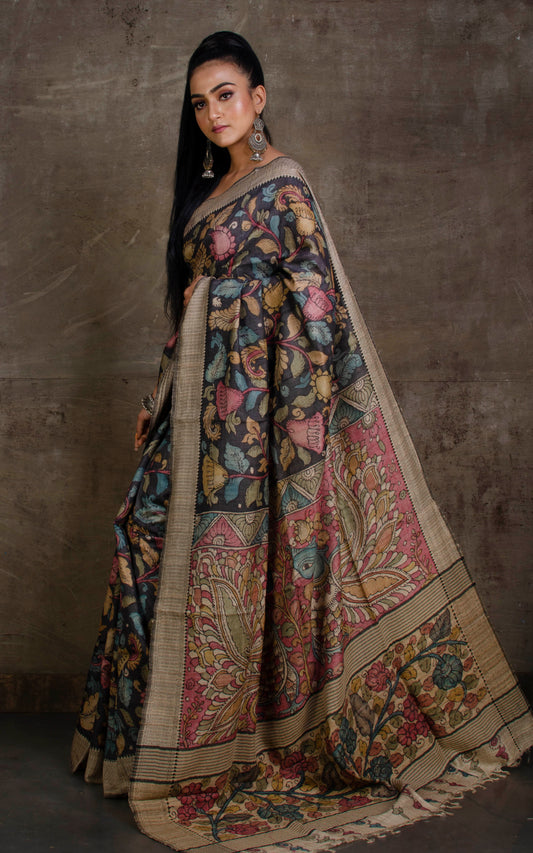 Hand Painted Kalamkari over Tussar Silk Saree in Charcoal Black, Beige and Multicolored