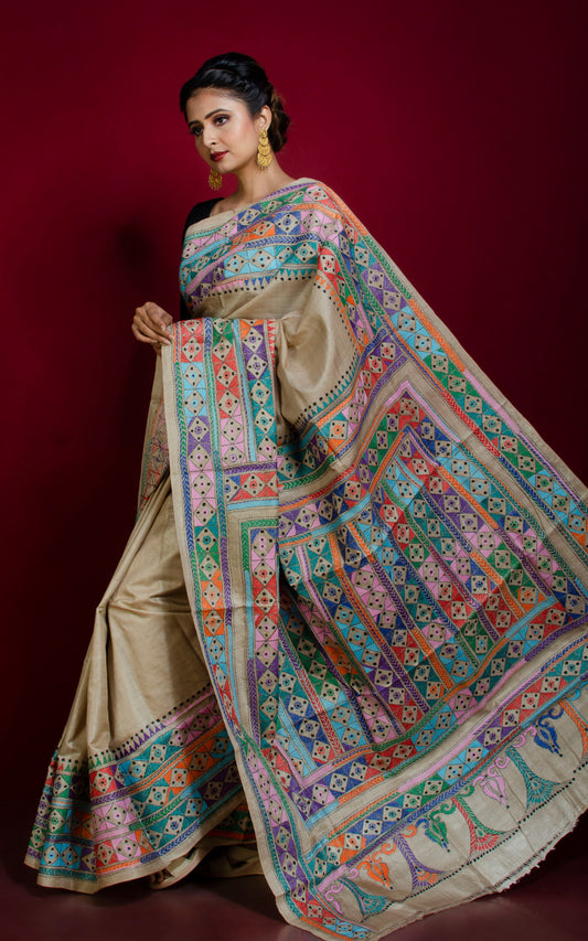Hand Embroidery Gachi Tussar Silk Kantha Work Saree in Beige and Multicolored Thread Work