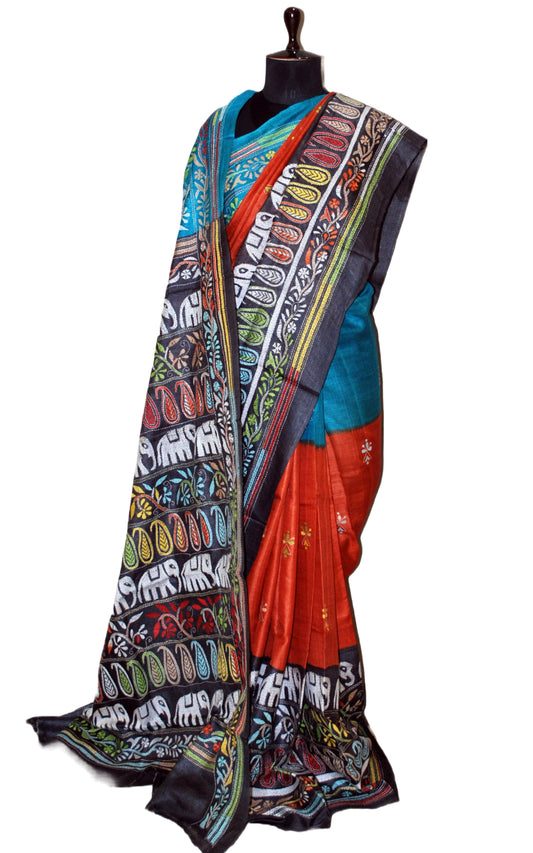 Hand Embroidery on Tie and Dye Gachi Tussar Silk Kantha Work Saree in Rust Orange, Cyan, Black and Multicolored Thread Work