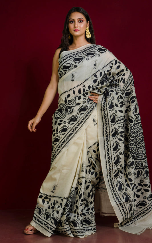 Hand Embroidery Tussar Silk Kantha Work Saree in Beige and Black