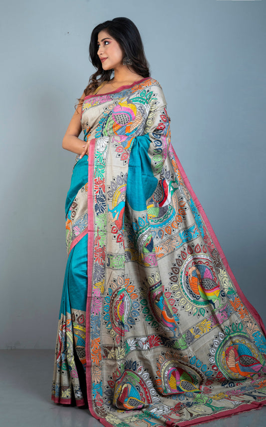 Tie-Dye Gachi Tussar Silk Hand Embroidery Kantha Stitch Saree in Columbia Blue, Beige and Multicolored Thread Work