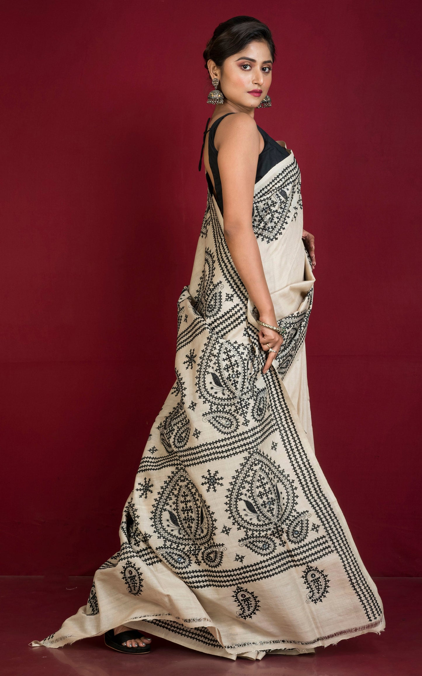 Premium Quality Hand Embroidery Gujarati Work on Pure Gachi Tussar Saree in Beige and Black