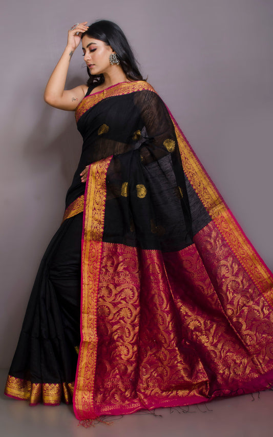 Matka Tussar Silk Banarasi Saree in Black, Magenta and Gold Zari Work