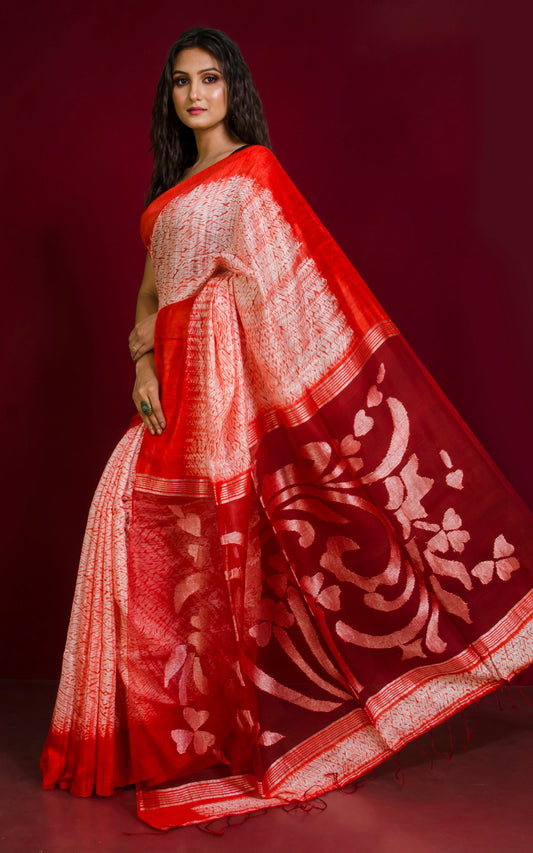 Pure Handloom Matka Shibori Jamdani Saree in Off White and Red