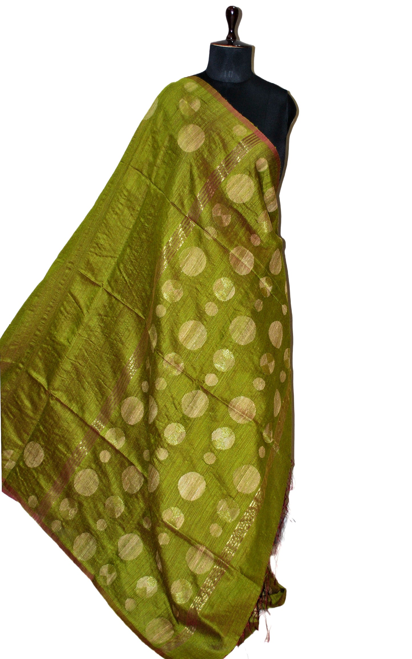 Premium Quality Kadiyal Dollar Butta Work Matka Tussar Saree in Olive Green, Gold and Silver