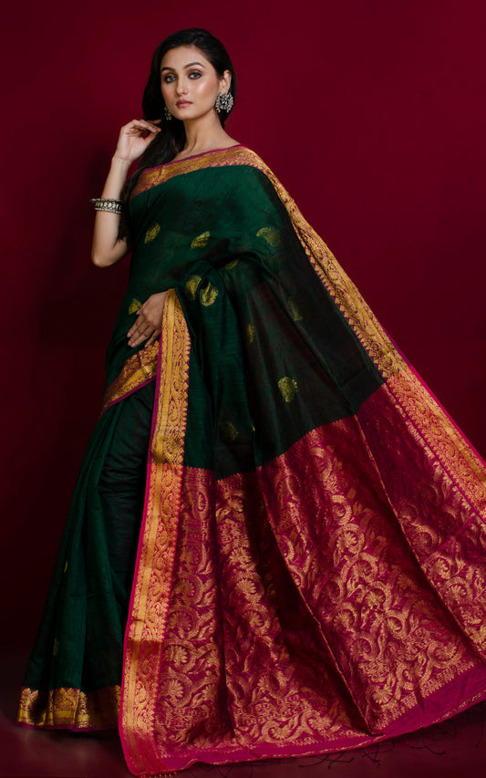 Matka Tussar Silk Banarasi Saree in Dark Green, Magenta and Gold Zari Work