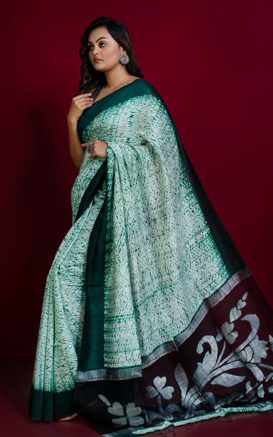 Pure Handloom Matka Shibori Jamdani Saree in Off White and Green