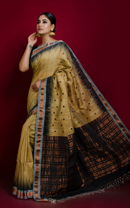 Super Soft Woven Sambalpuri Kotki Work on Medium Zari Nakshi Border Premium Matka Tussar Silk Jamdani Saree in Beige and Black