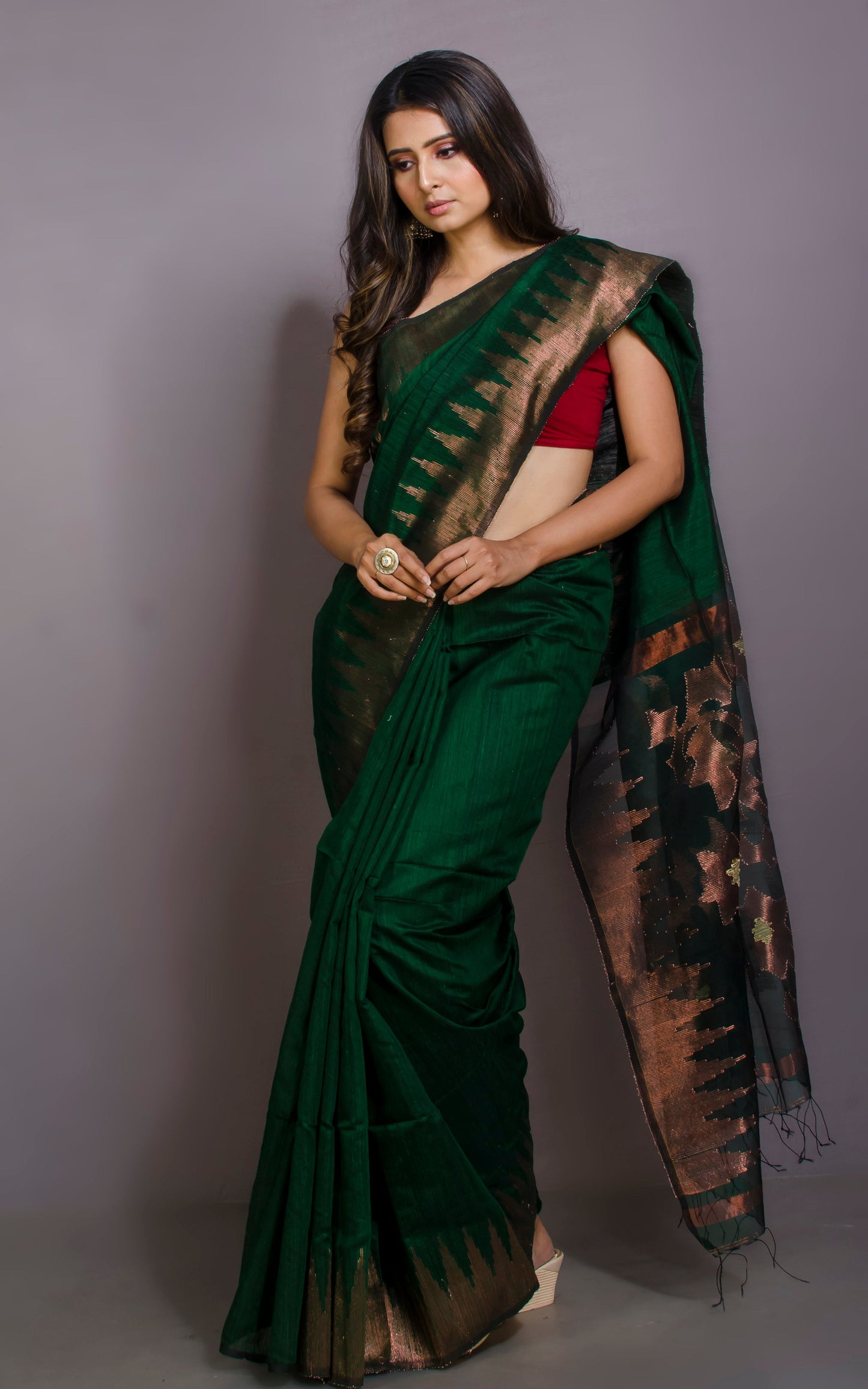 Crowned Temple Border Matka Tussar Silk Jamdani Saree in Dark Emerald Green and Copper Zari Work