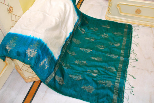 Premium Shibori Matka Tussar Silk Saree in Peacock Green and Off White