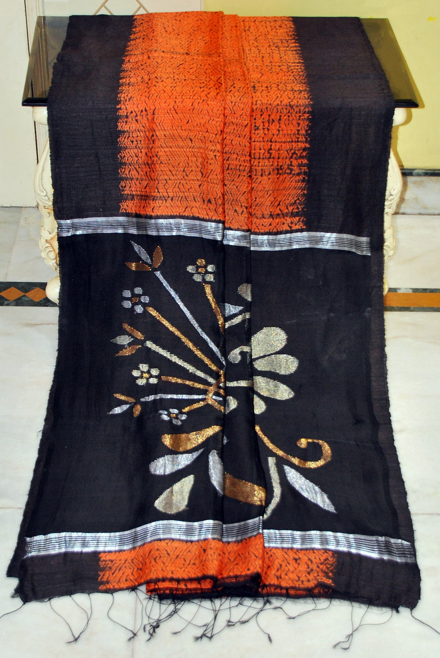 Tussar Shibori Matka Jamdani Saree in Orange, Black with Copper and Silver Zari Work