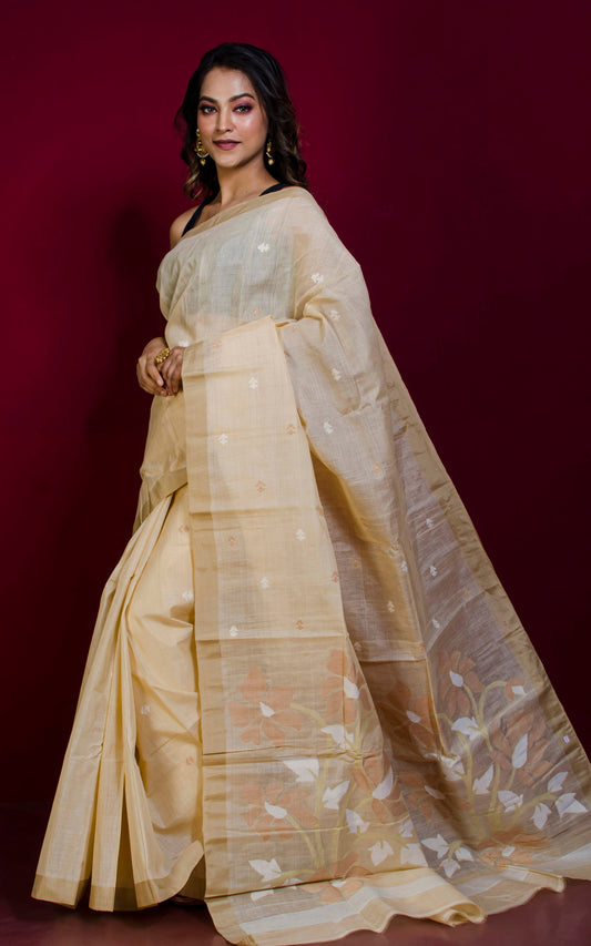 Premium Quality Tussar Silk Jamdani Saree in Parmesan Cheese, Light Brown and Off White