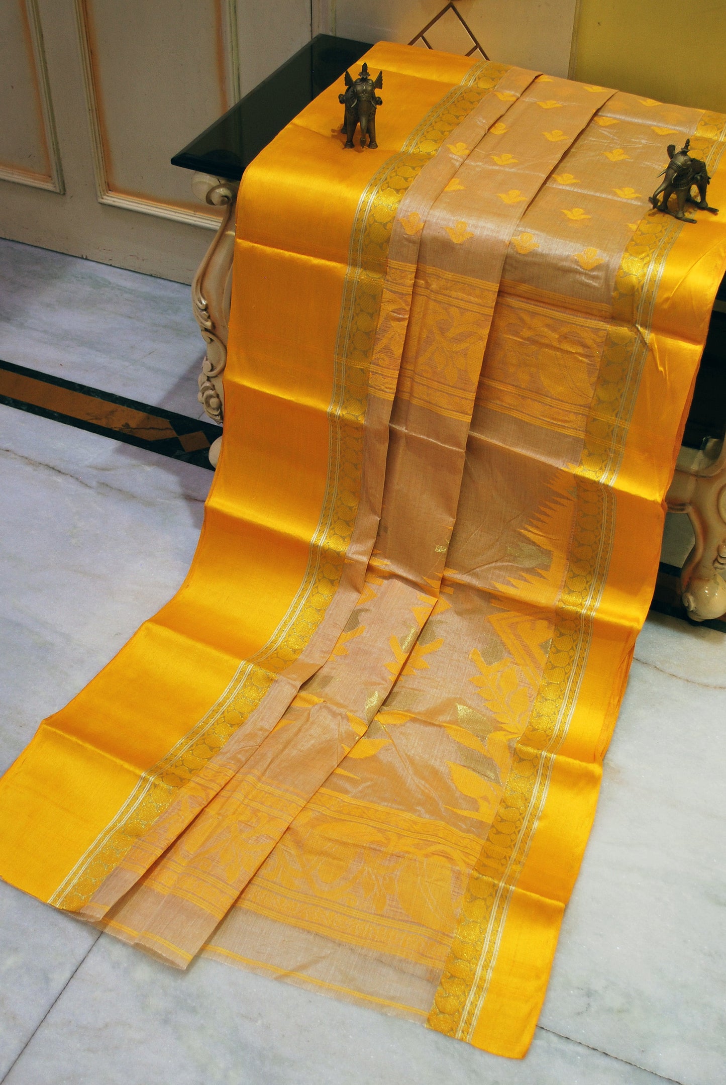 Satin Velvet Border Traditional Bengal Tussar Silk Saree in Beige and Bright Yellow