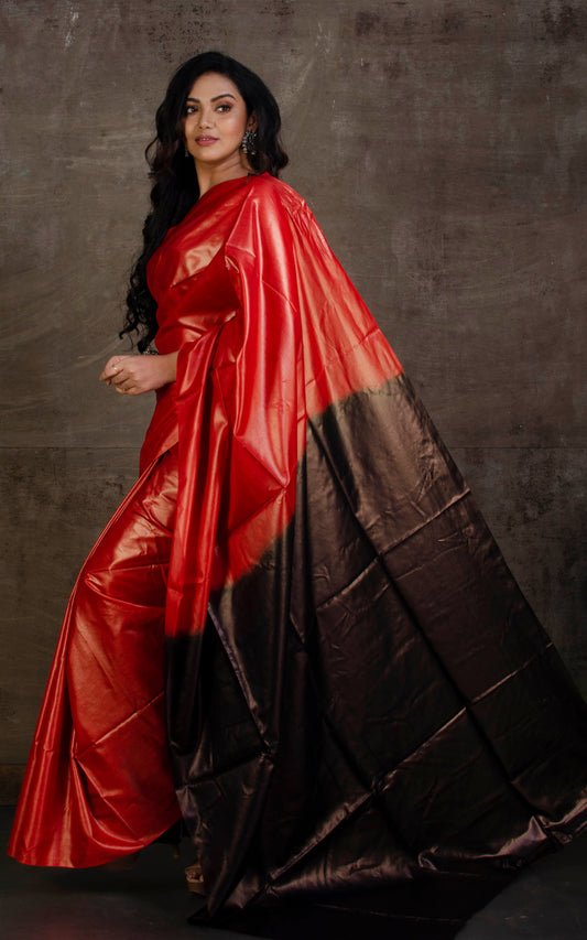 Color Dyed Soft Natural Tussar Silk Saree in Brick Red and Dark Brown