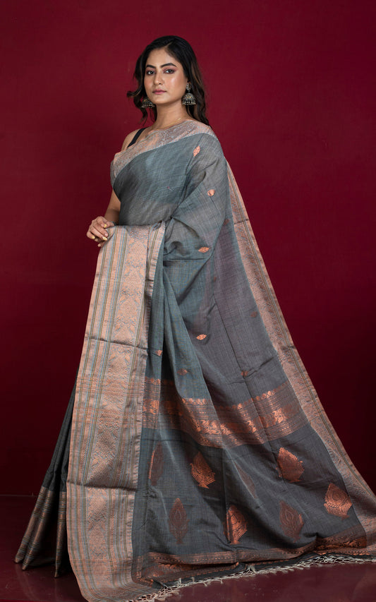 Tussar Cotton Silk Banarasi Katan Saree in Metallic Grey and Copper