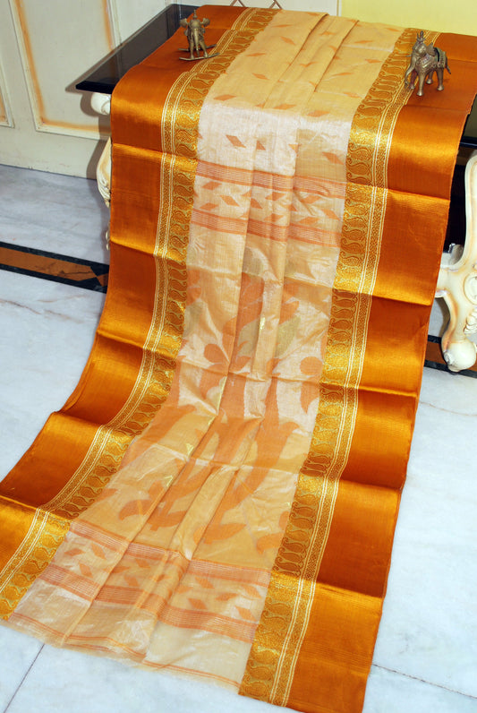 Satin Velvet Border Traditional Bengal Tussar Silk Saree in Beige and Mustard Golden
