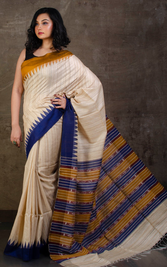 Handwoven Ganga Jamuna Border Tussar Silk Saree in Beige, Navy Blue and Mustard Yellow