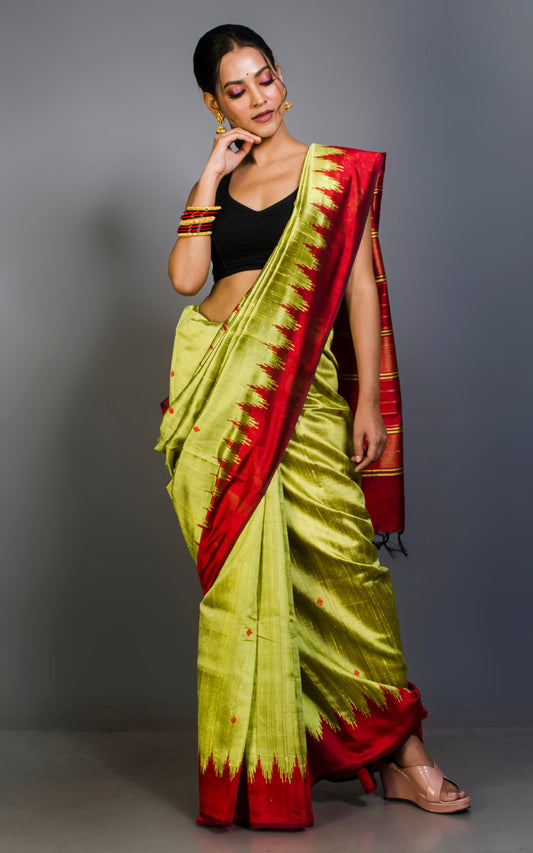 Handwoven Tussar Raw Silk Saree in Limeade and Cardinal Red with Rich Pallu