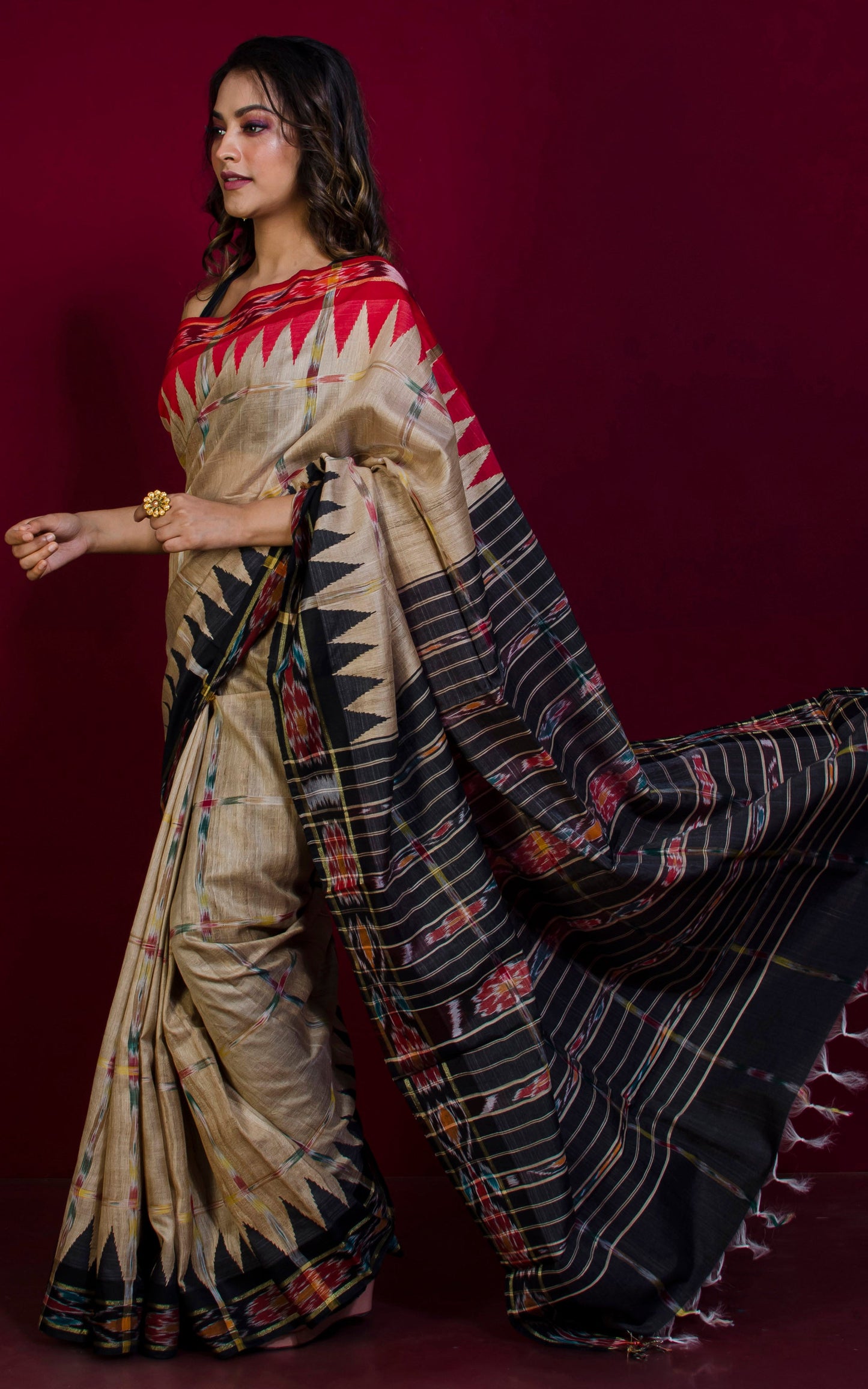 Handwoven Tussar Pochampally Checks Silk Saree in Beige, Red and Black