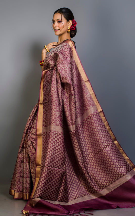 Premium Quality Tussar Silk Tanchui Brocade Saree in Orchid Purple and Muted Golden