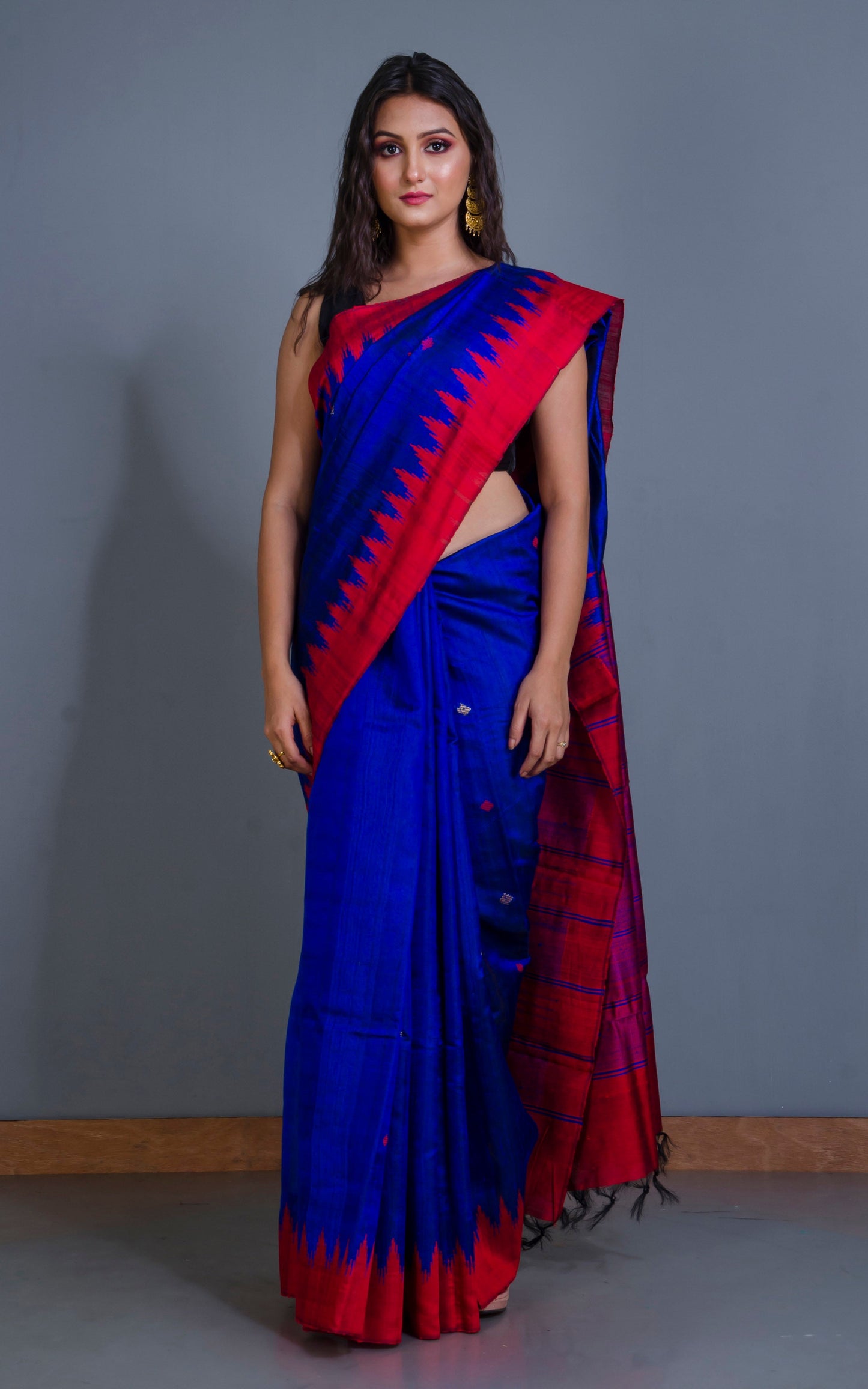 Handwoven Tussar Raw Silk Saree in Royal Blue and Dark Red