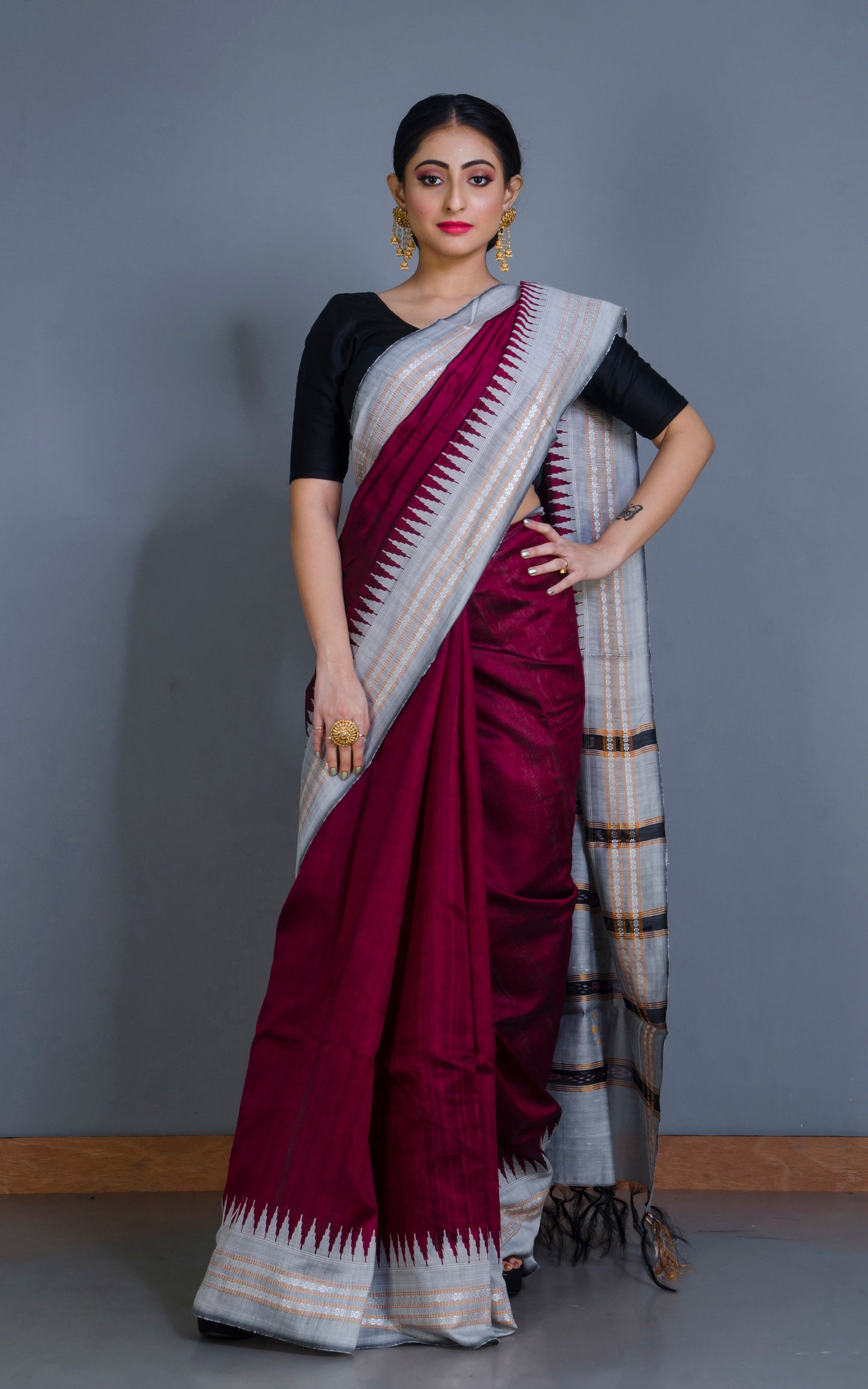 Vidarbha Tussar Raw Silk Saree in Maroon, Smoke Grey, Light Brown and Black