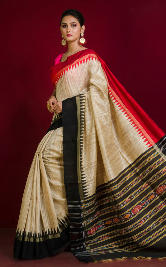 Handwoven Ganga Jamuna Border Tussar Silk Saree in Beige, Red and Black