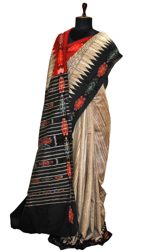 Tussar Sambalpuri Work Kotki Silk Saree in Natural Tussar with Ganga Jamuna Border