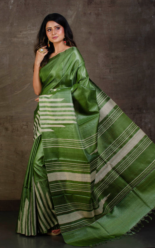 Handwoven Kosa Tussar Silk Saree in Pickle Green and Beige