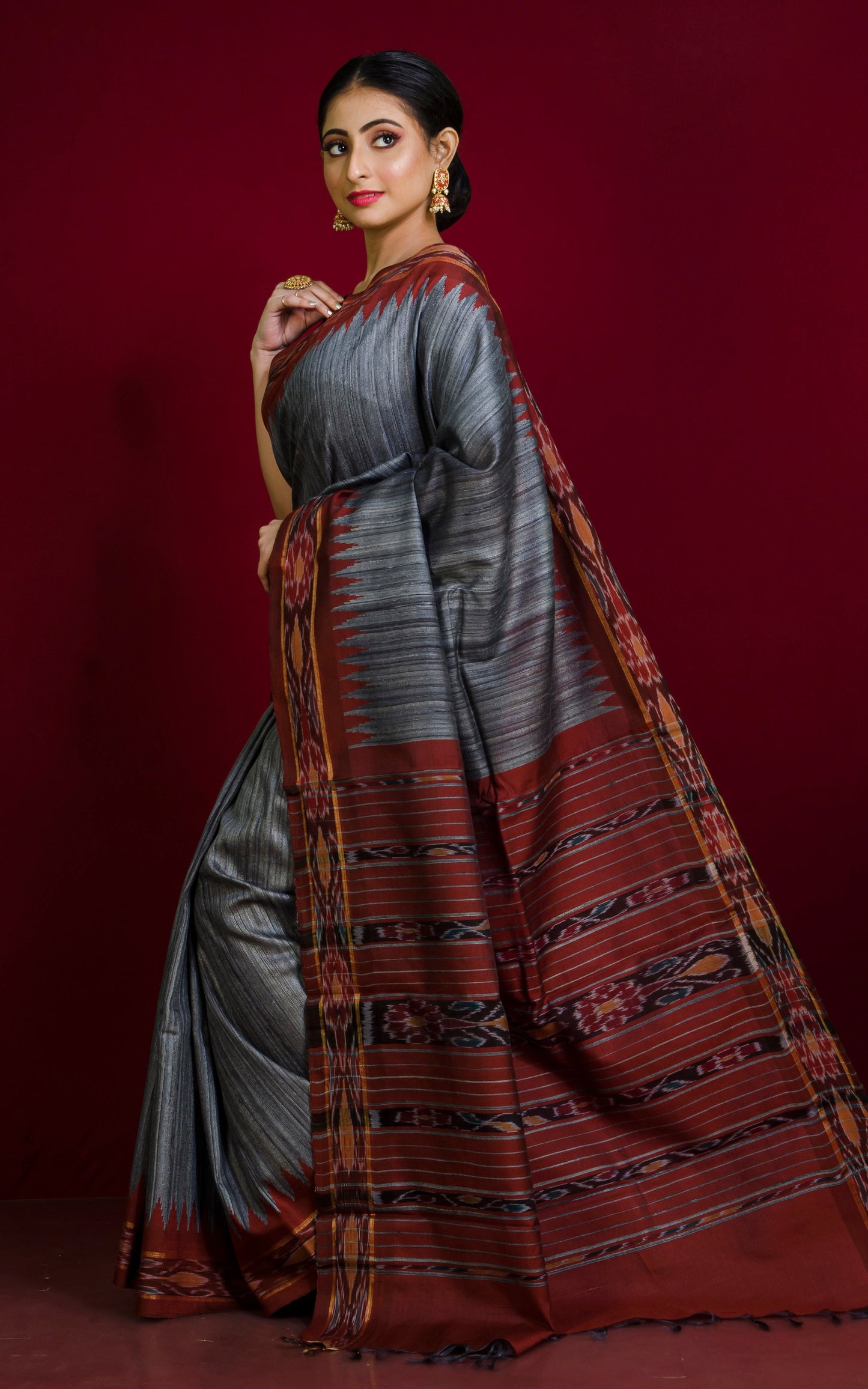 Tussar Sambalpuri Work Kotki Silk Saree in Charcoal Grey and Mocha Brown