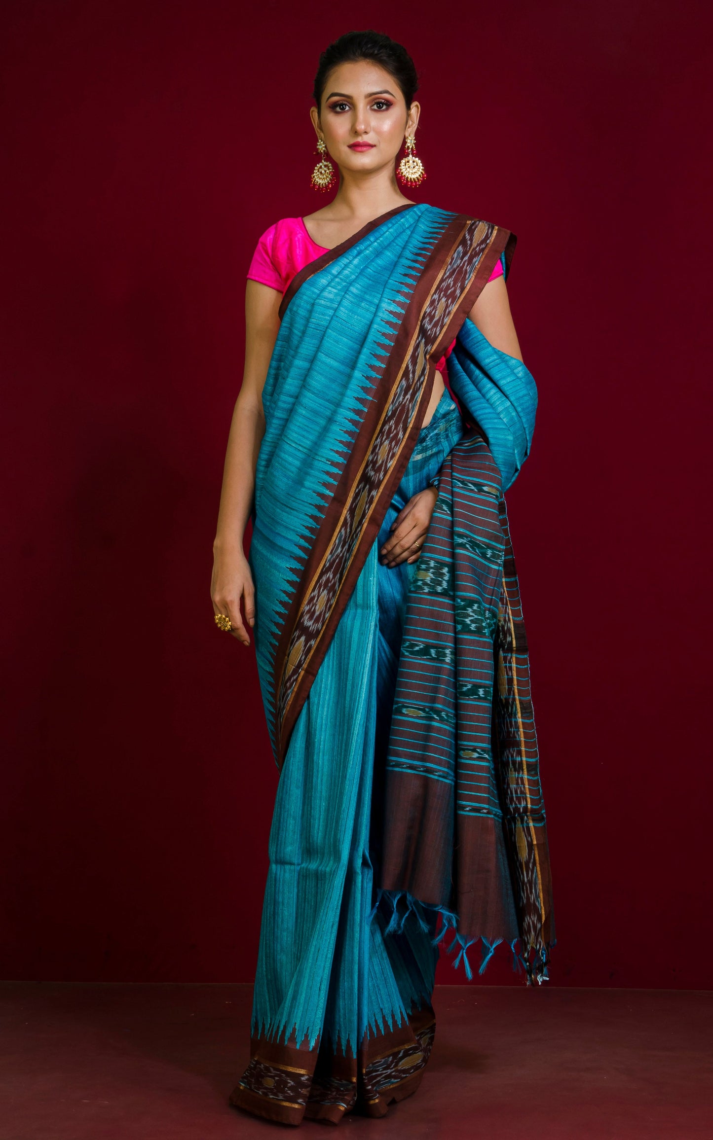 Tussar Sambalpuri Work Kotki Silk Saree in Cerulean Blue and Mocha Brown
