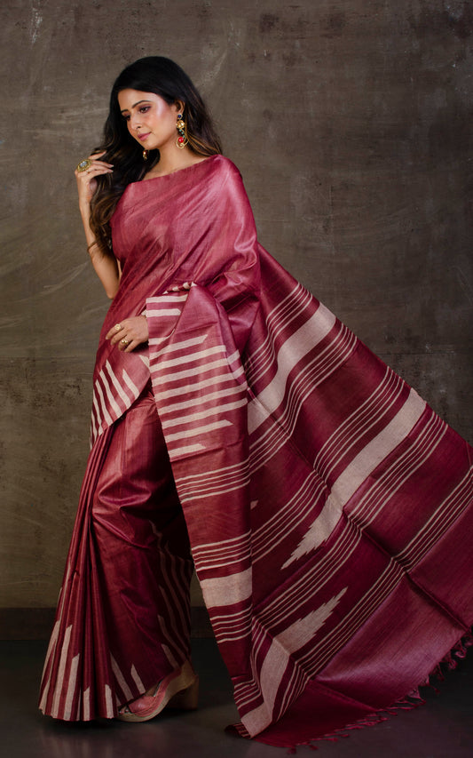 Handwoven Kosa Tussar Silk Saree in Boysenberry and Beige