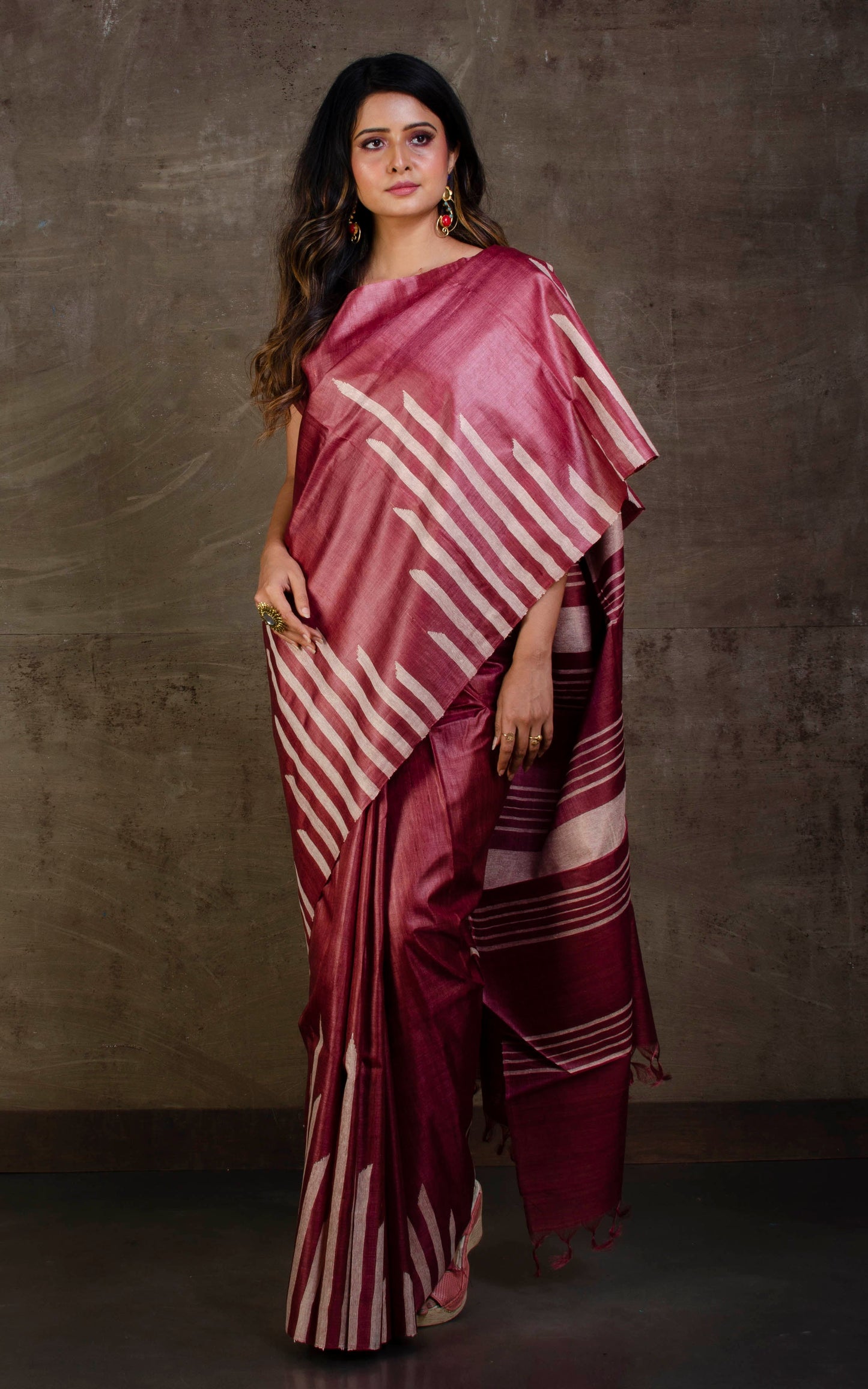 Handwoven Kosa Tussar Silk Saree in Boysenberry and Beige
