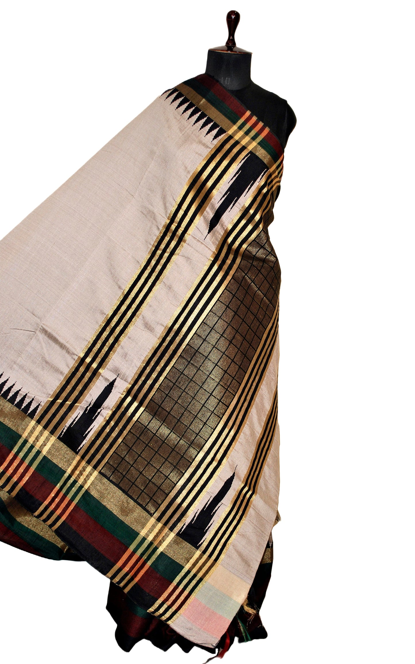 Metro Temple Border Handwoven Tussar Raw Silk Saree in Pale Smoke White, Garnet, Bottle Green, Black and Matt Gold with Rich Pallu